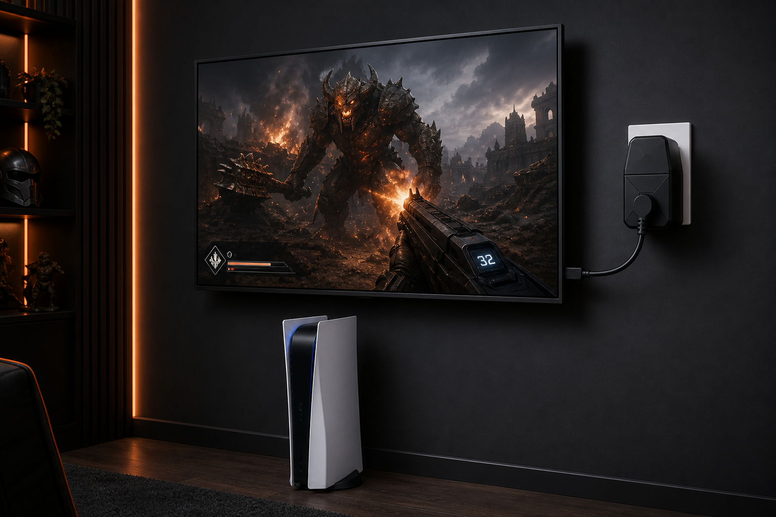 A forward-facing gaming screen connected through a wall-mounted DRGateway above a PlayStation 5